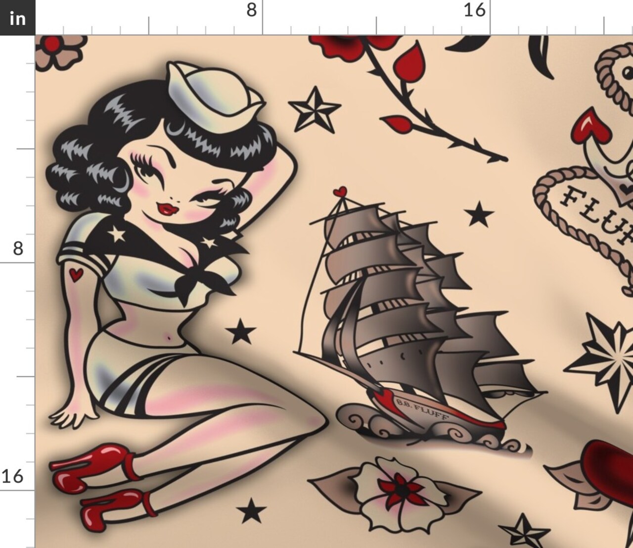 Sailor Pattern Super Pinup Nautical Retro Vintage Tattoo Custom Printed Fabric by Spoonflower Various Fabrics by the Yard or Fat Quarter